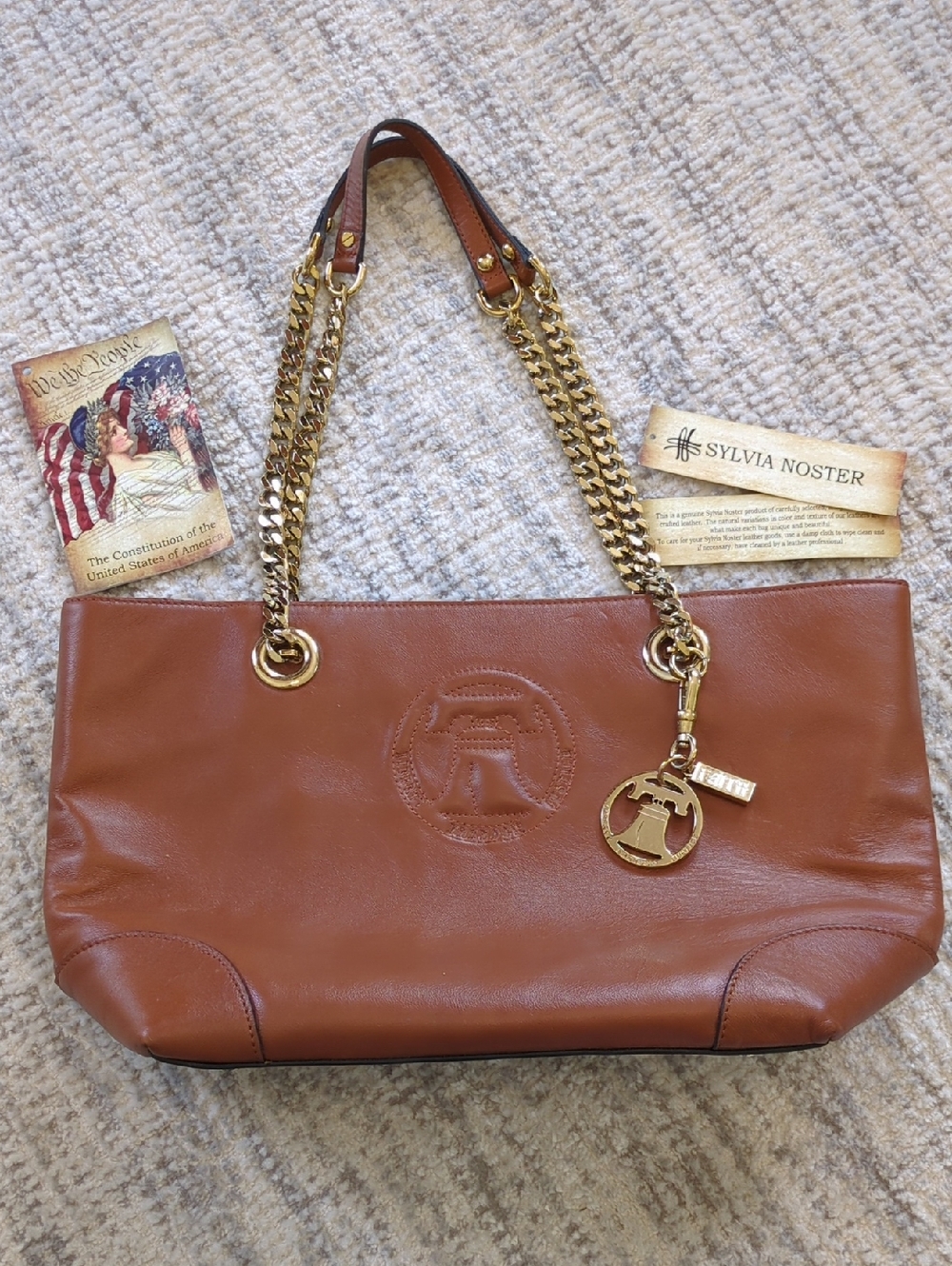 Tan Leather Tote Hand Crafted with Gold Chain Handles "We The People"